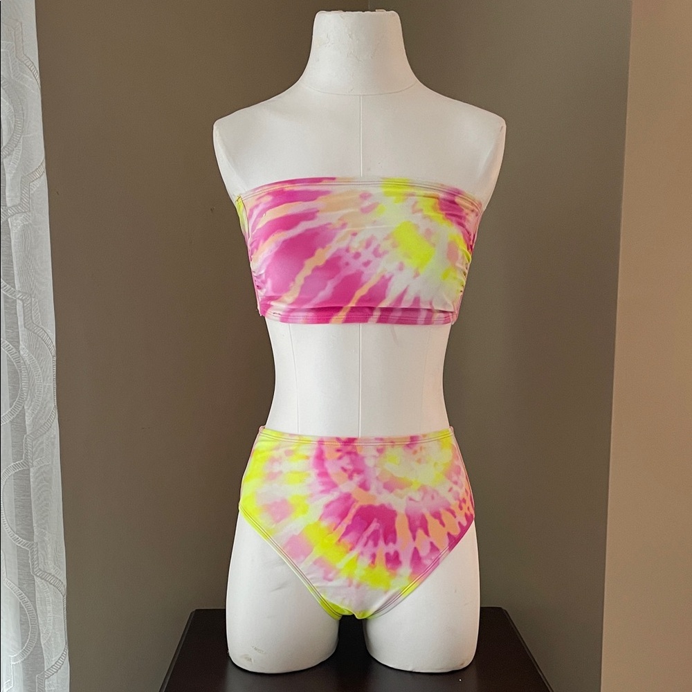Tie-Dye Neon Pink & Yellow Bandeau Bikini
